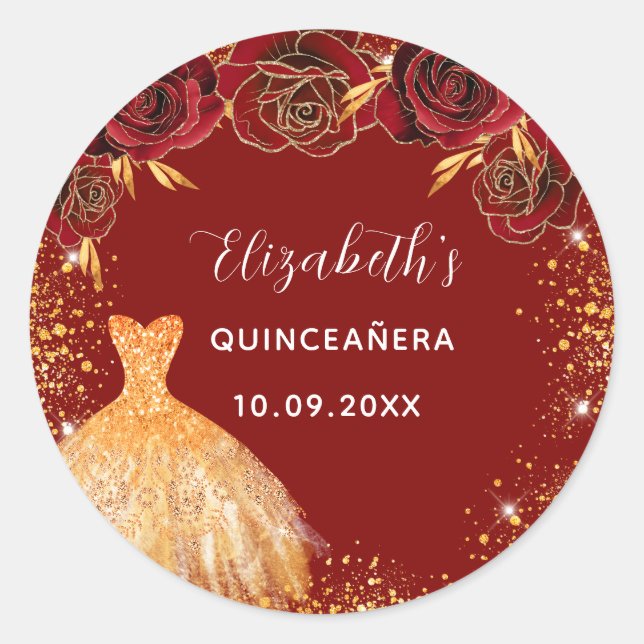Sticker Rond Quinceanera rouge or robe nom glam (Devant)