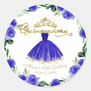 Sticker Rond Quinceanera Royal Blue Gown Floral