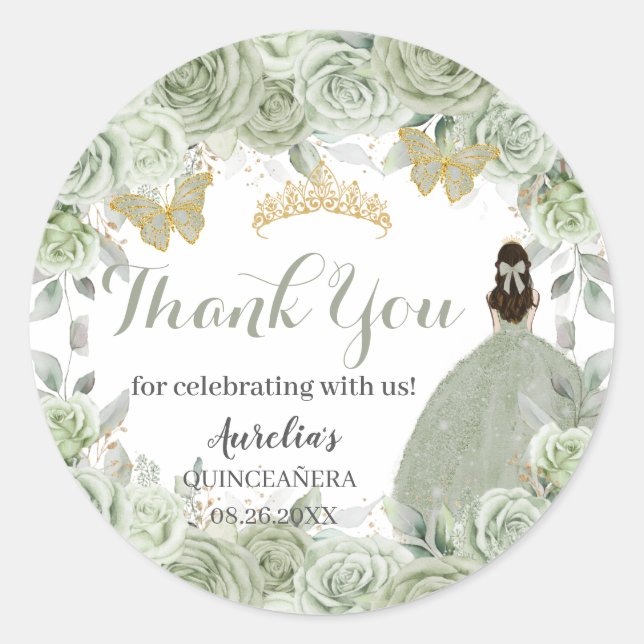 Sticker Rond Quinceañera Sage Green Floral Princess Papillons (Devant)