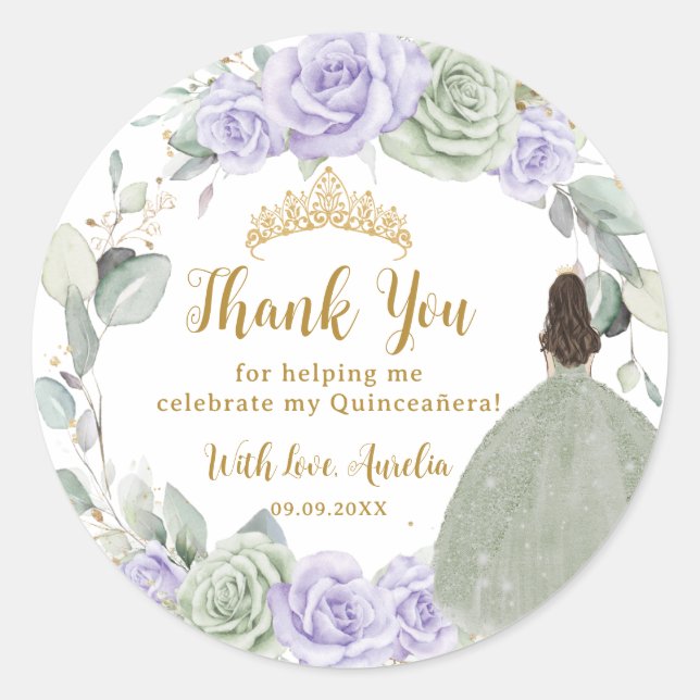 Sticker Rond Quinceañera Sage Vert violet Lilac Or Floral (Devant)