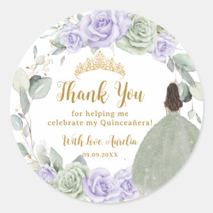 Sticker Rond Quinceañera Sage Vert violet Lilac Or Floral