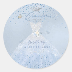Sticker Rond Quinceanera Silver Dusty Blue Parties scintillant 