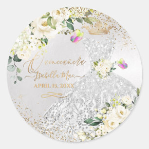 Sticker Rond Quinceanera Silver Gown Gold Parties scintillant C