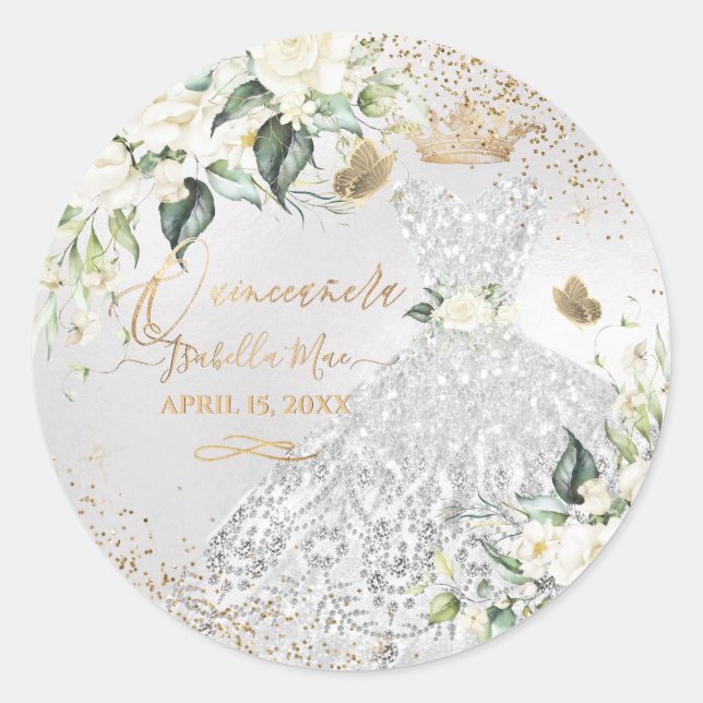 Sticker Rond Quinceanera Silver Gown Gold Parties scintillant C (Devant)
