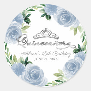 Sticker Rond Quinceanera Silver Tiara Bleu clair Floral