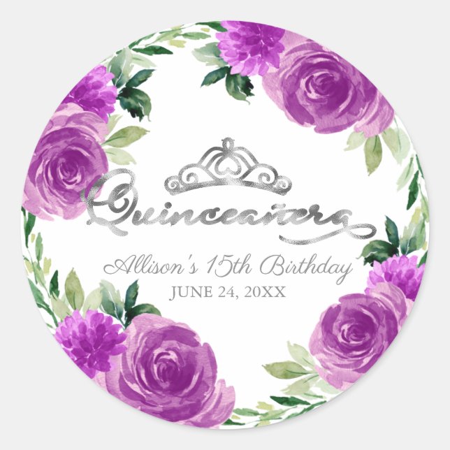 Sticker Rond Quinceanera Silver Tiara Purple Floral (Devant)