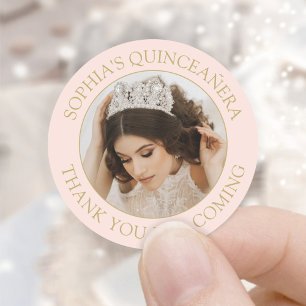 Sticker Rond Quinceañera Simple Photo Blush Pink Gold Merci
