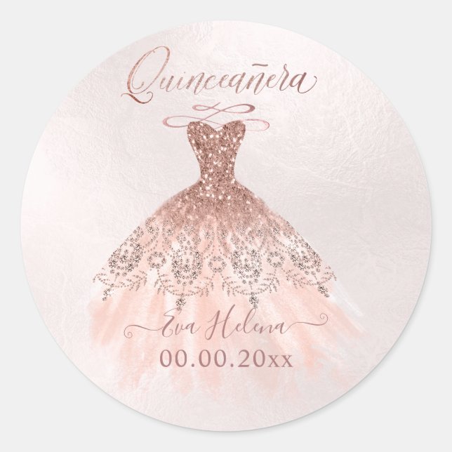 Sticker Rond Quinceañera, Sparkle Gown, Faux Rose Gold (Devant)