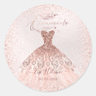 Sticker Rond Quinceañera, Sparkle Gown, Faux Rose Gold