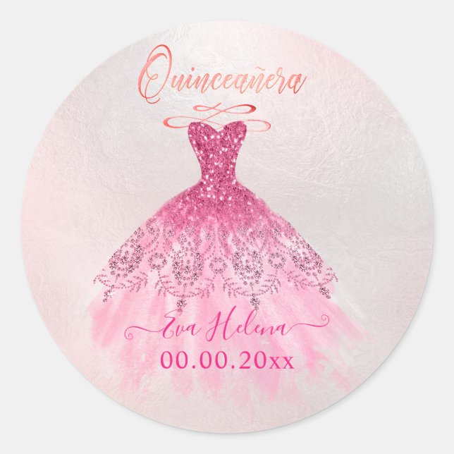 Sticker Rond Quinceañera, Sparkle Gown, Ombre cerise rose (Devant)