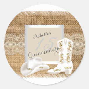 Sticker Rond Quinceanera Toile de jute Dentelle Cowgirl