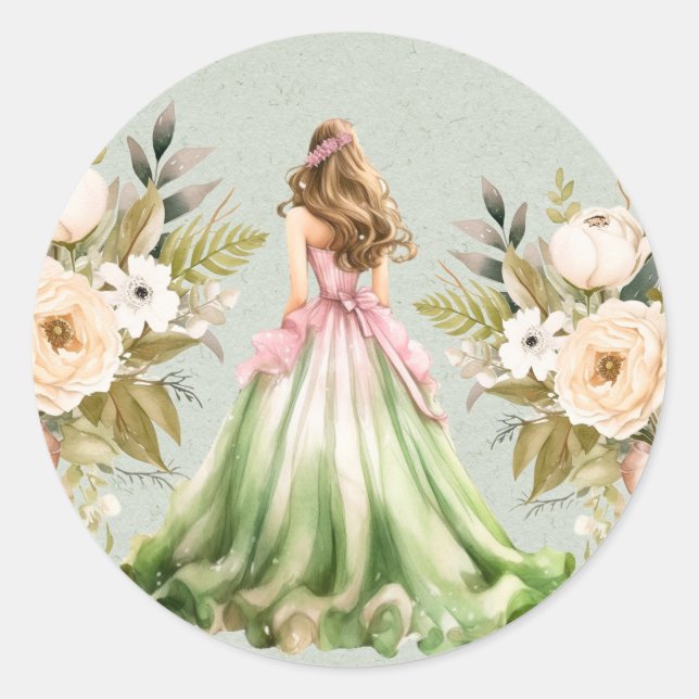 Sticker Rond Quinceanera verte et rose fête d'anniversaire (Devant)