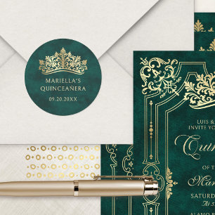 Sticker Rond Quinceanera verte Tiara Couronne élégante
