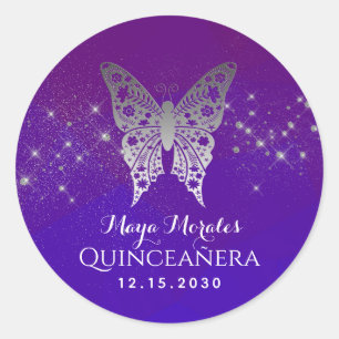 Sticker Rond Quinceanera violet parties scintillant