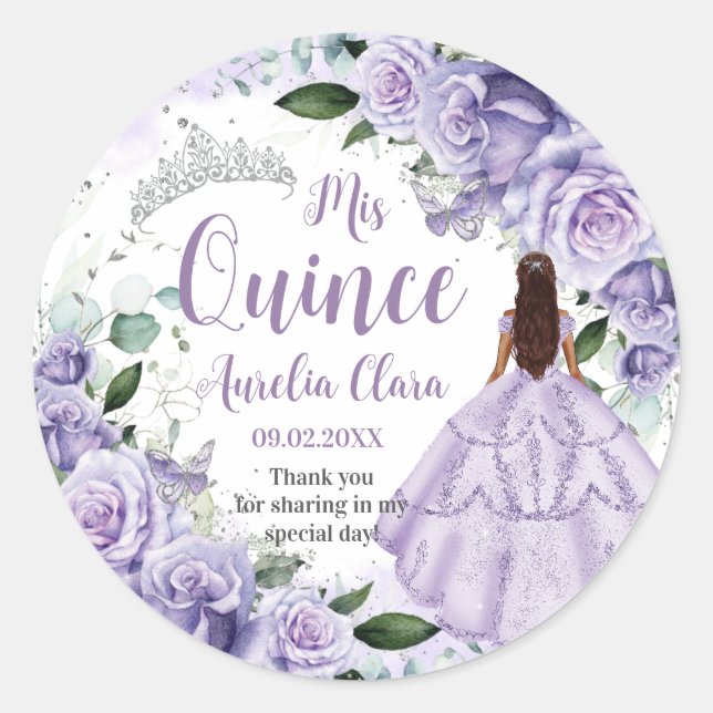 Sticker Rond Quinceañera Violet Rose Floral Silver Princesse (Devant)