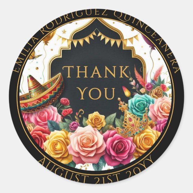 Sticker Rond Quniceanera Favor Sac Fiesta Roses Floral Merci (Devant)