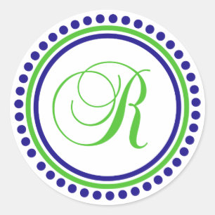 Sticker Rond R Monogramme (bleu marine/cercle de points verts d