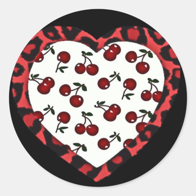 Sticker Rond RAB Rockabilly Cherries Coeur Empreinte de léopard (Devant)