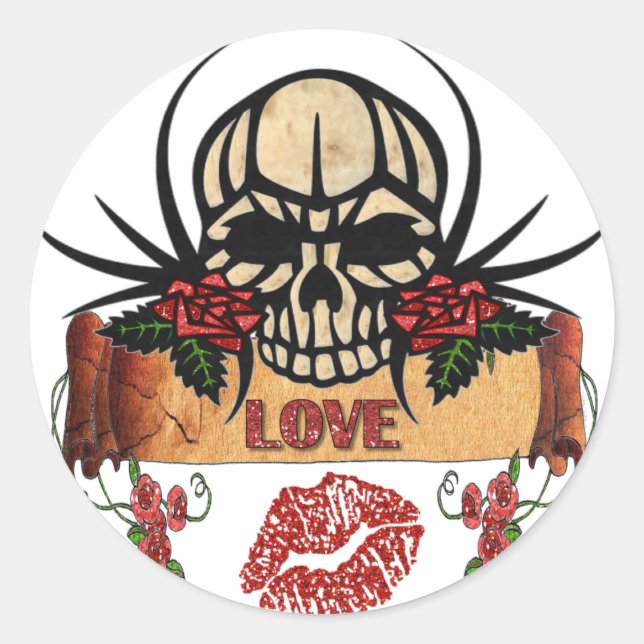 Sticker Rond RAB Rockabilly Crâne Roses Love Lipstick (Devant)