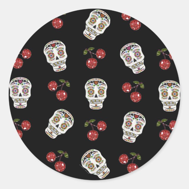 Sticker Rond RAB Rockabilly Sugar Skulls Cherries On Black (Devant)