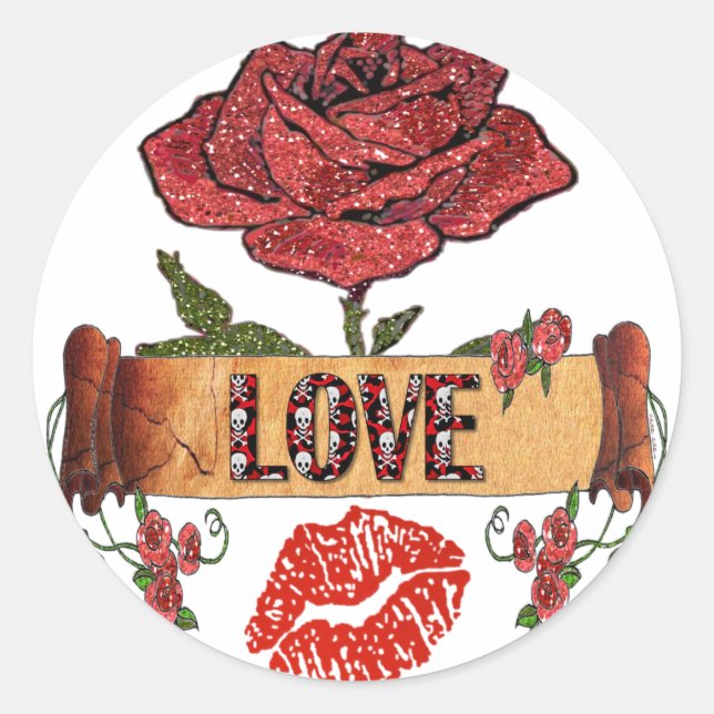 Sticker Rond RAB Rockabilly Valentine Roses, Love & Lipstick (Devant)