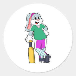 Sticker Rond Rabbit au cricket avec chauve-souris de cricket