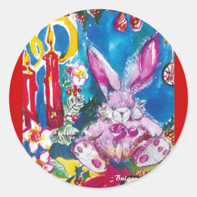 STICKER ROND RABIT ROSE, BOUGIES DE NOËL ET HOLLYBERRIES (Devant)