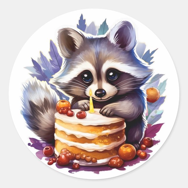 Sticker Rond Raccoon d'hiver avec gâteau du 1er anniversaire (Devant)