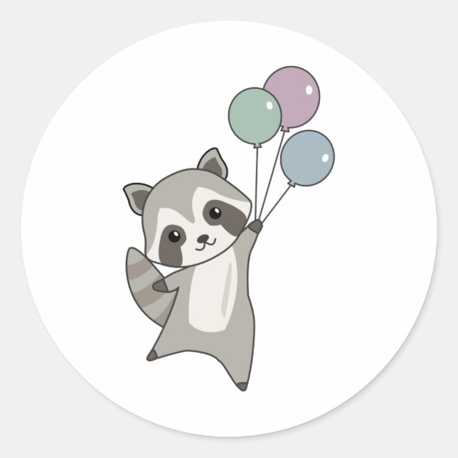Sticker Rond Raccoon Mouches Ballons Au-Dessus De Mignons Anima (Devant)