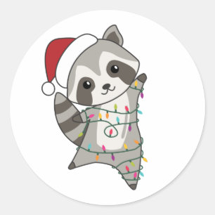 Sticker Rond Raccoon Noël Neige hiver Raccoons Chapeau de camio