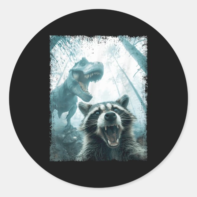 Sticker Rond Raccoon Selfie With Tyrannosaurus T Rex Adventure  (Devant)