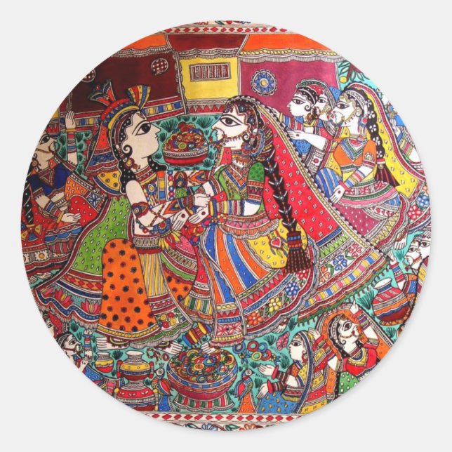 STICKER ROND RADHA KRISHNA HINDU GODS MADHUBANI ART STYLE (Devant)
