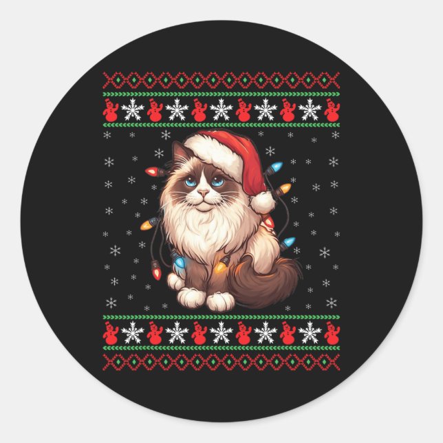 Sticker Rond Ragdoll Cat Ugly Christmas Ragdoll Cat Xmas Lighti (Devant)