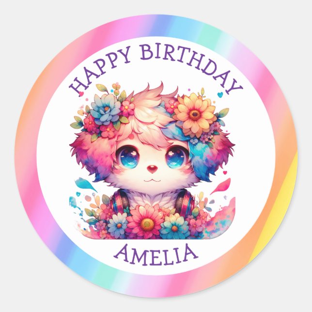 Sticker Rond Rainbow Anime Chiot Anniversaire Gâteau Personnali (Devant)