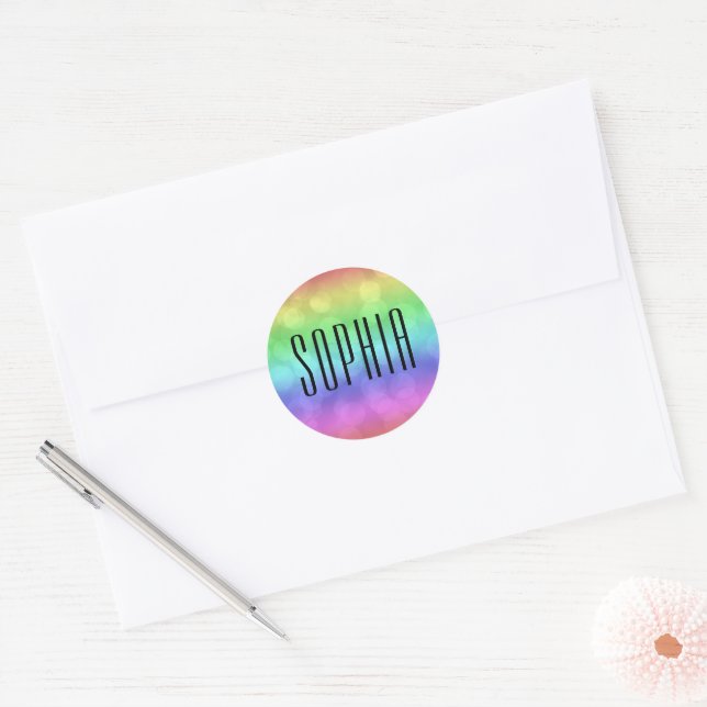 Sticker Rond Rainbow Bokeh mignon nom coloré (Enveloppe)