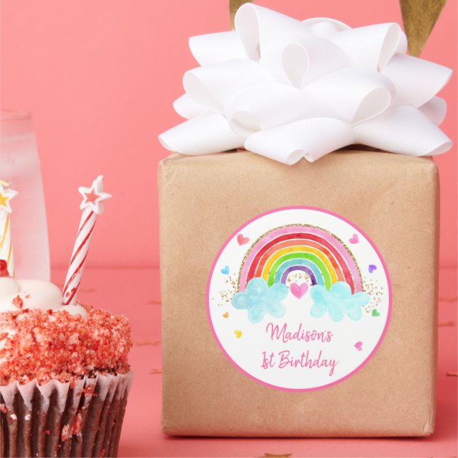Sticker Rond Rainbow Cloud Hearts Or rose Anniversaire (Fête)