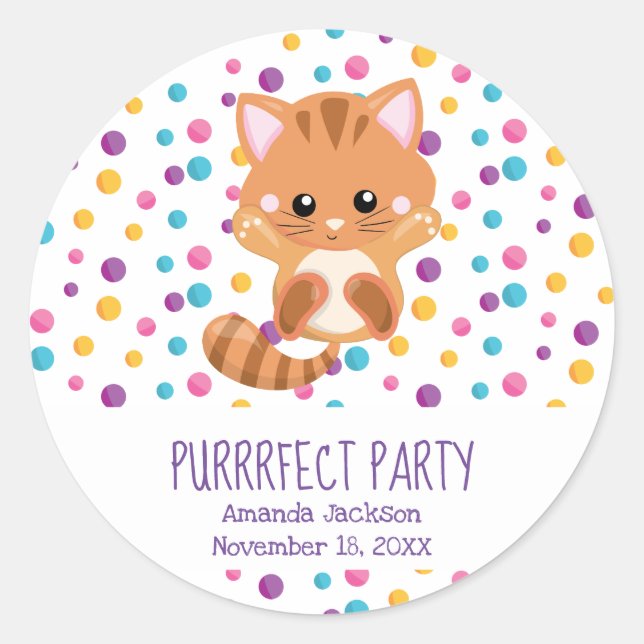 Sticker Rond Rainbow Confetti Cute Kitty fête d'anniversaire (Devant)