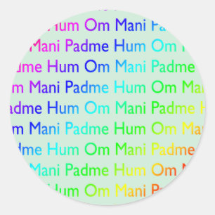 Sticker Rond Rainbow Om Mani Padme Hum (sur Baby Blue)