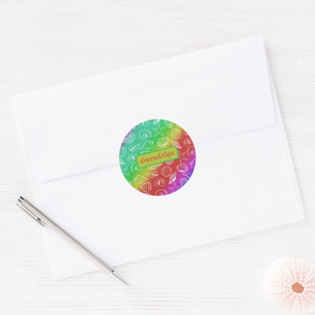 Sticker Rond Rainbow Shellfish Motif Ajouter un nom (Enveloppe)