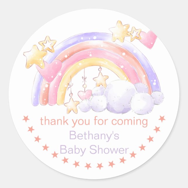 Sticker Rond Rainbow Stars et Cloud Girl Baby shower Merci (Devant)