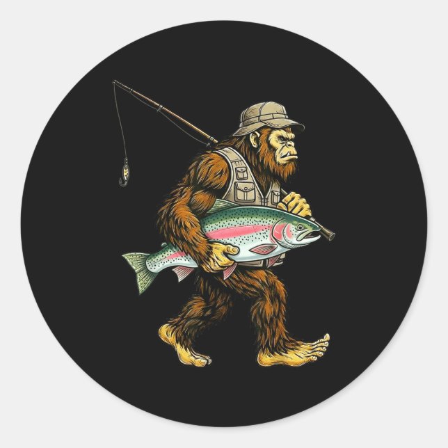 Sticker Rond Rainbow Trout Bigfoot Fisherman River Fishing Sasq (Devant)