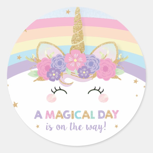 Sticker Rond Rainbow Unicorn 1er anniversaire fête Favoriser (Devant)