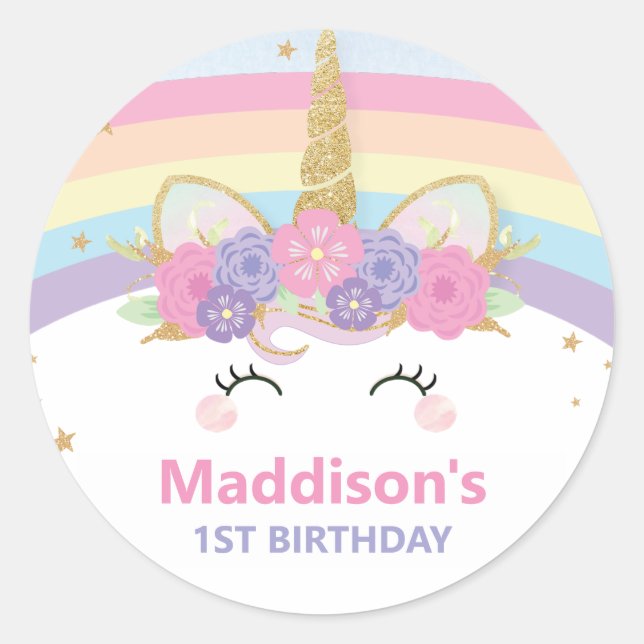Sticker Rond Rainbow Unicorn 1er anniversaire Merci Favoriser (Devant)