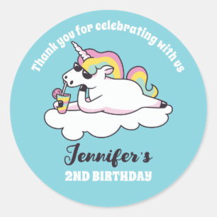 Sticker Rond Rainbow Unicorn dans lunettes de soleil Anniversai