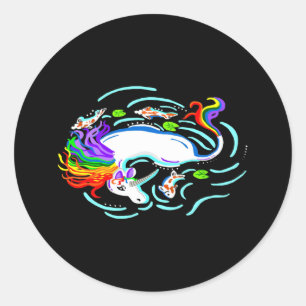 Sticker Rond Rainbow Unicorn Et Koi Fish 