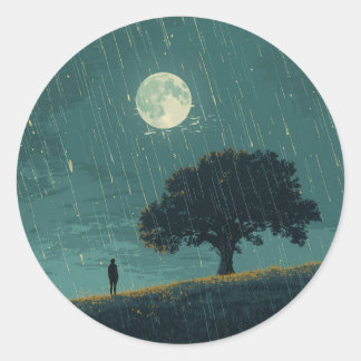 Sticker Rond Rainy Solitude – Lonely Person & Tree Illustration