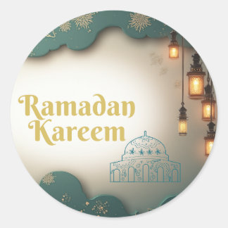 Sticker Rond Ramadan Elegance Green & Gold Lanterns and Mosque 