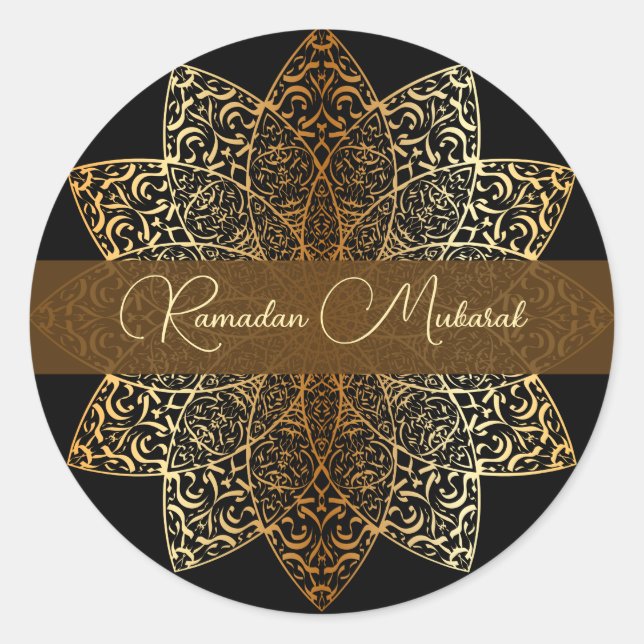 Sticker Rond Ramadan Mubarak ornemental élégant en or et noir (Devant)