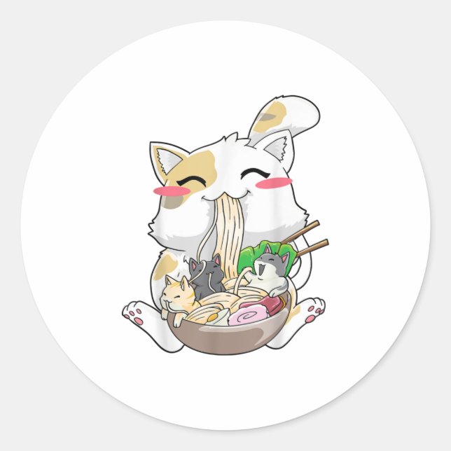Sticker Rond Ramen Cat Anime Kawaii Neko Ramen Bowl (Devant)