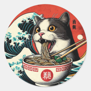 Sticker Rond Ramen de chat Art japonais Style vintage